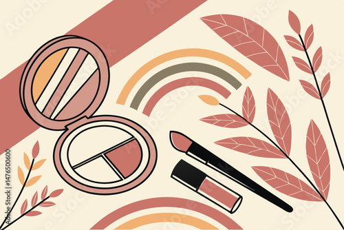 82 colorful abstract landscape, layered geometric shapes, bold gradients, makeup brushes, makeup compacts, leaves, organic elements, photorealistic, elegant composition, digital art
