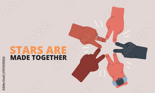 Cartoon vector illustration of hands of different people forming a star shape, a woman descending on a parachute