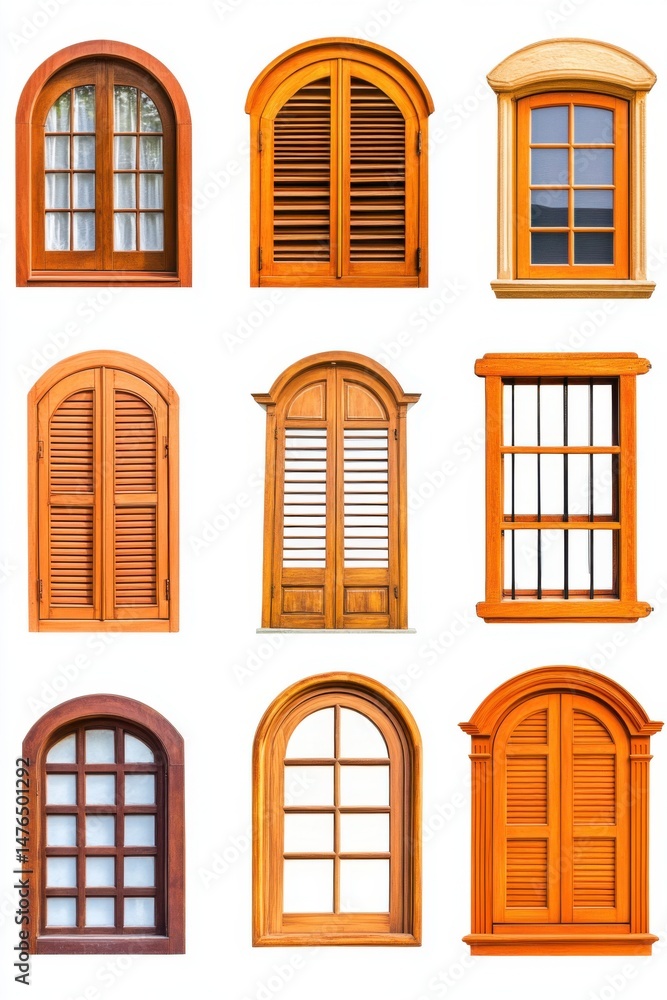 Obraz premium Collection of Arched Wooden Windows on White Background Architectural Detail Close Up Studio Shot