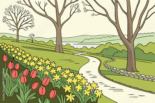 31 lush garden, vibrant colors, flourishing tulips, yellow daffodils, green grass, winding path, treelined, outdoor landscape, scenic natural beauty, elegant floral arrangement, spring garden, vivid h