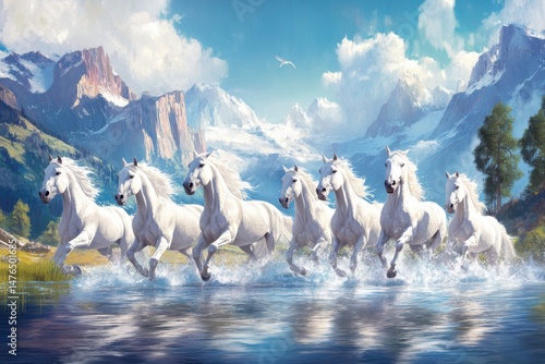 Seven White Horses Galloping Through Water, Majestic Mountains Backdrop, Fantasy Art, Dramatic Lighting, Scenic Landscape