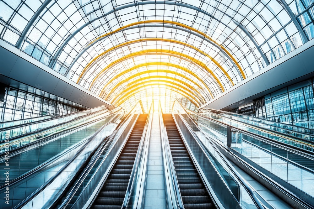 Modern, spacious transit hub with escalators. Sunbeams pierce the glass roof Modern, spacious transit hub with escalators. Sunbeams pierce the glass roof