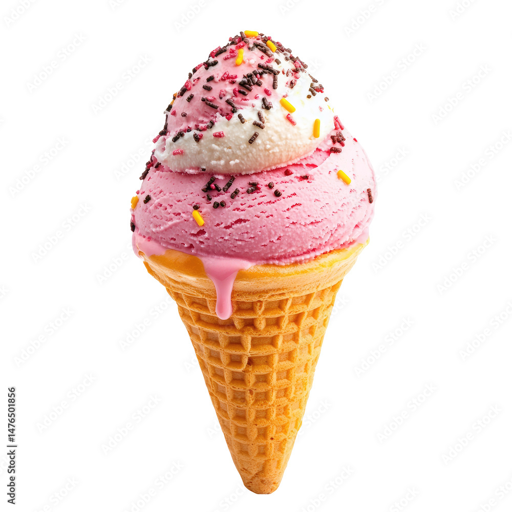 Double-scoop ice cream cone with sprinkles, melting Double-scoop ice cream cone with sprinkles, melting