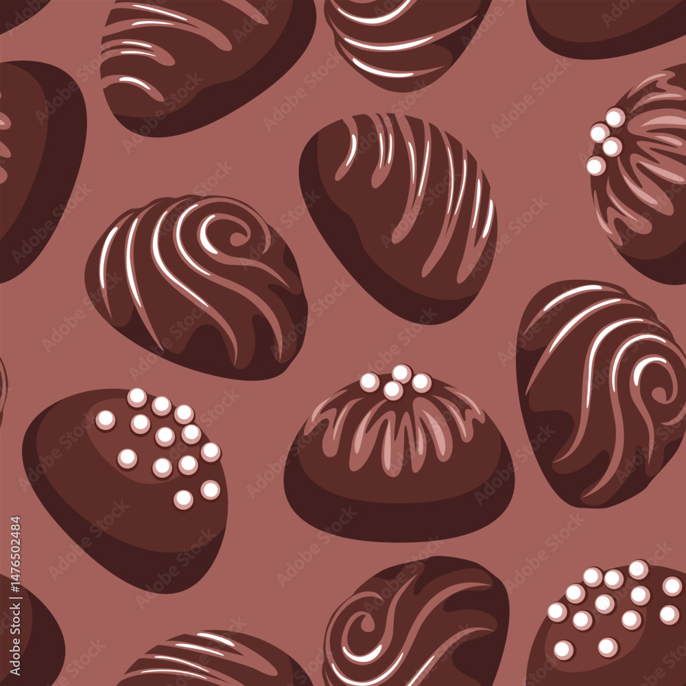 Fototapeta premium Chocolate candy truffles seamless pattern. Brown background with sweets. Vector cartoon flat illustration.