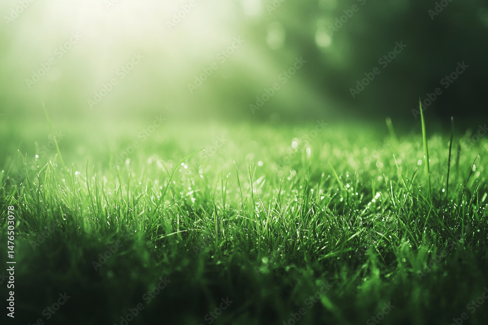 Naklejka premium Dewy Green Grass in Sunlight Nature Scene