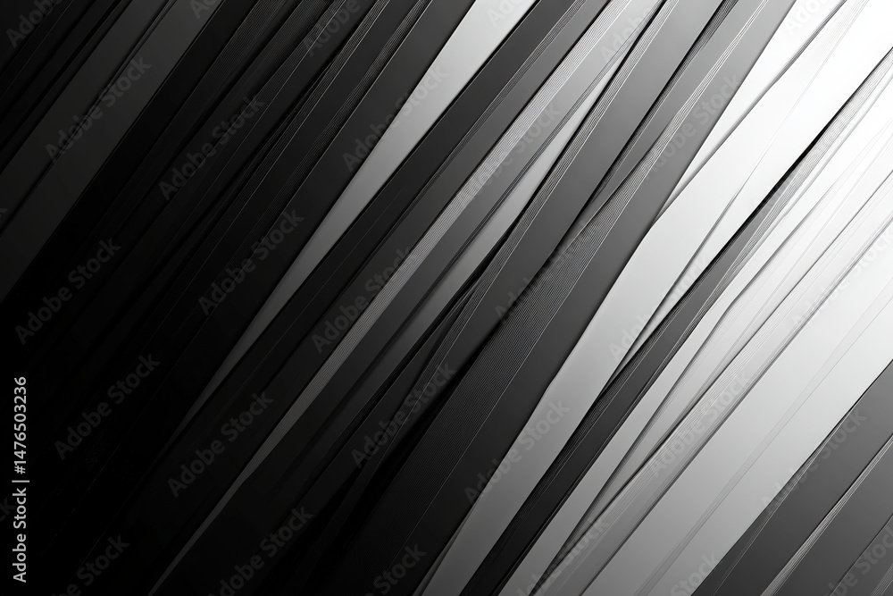 Obraz premium Monochrome Abstract Diagonal Strips. This abstract image features a gradient of black, gray, and white bands in a diagonal composition, creating a sense of depth.