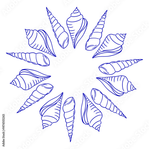 Round frame made of shells in Hand drawn whimsical style. Decorative arrangement of seashells in a circular pattern with intricate designs on a plain background created by hand