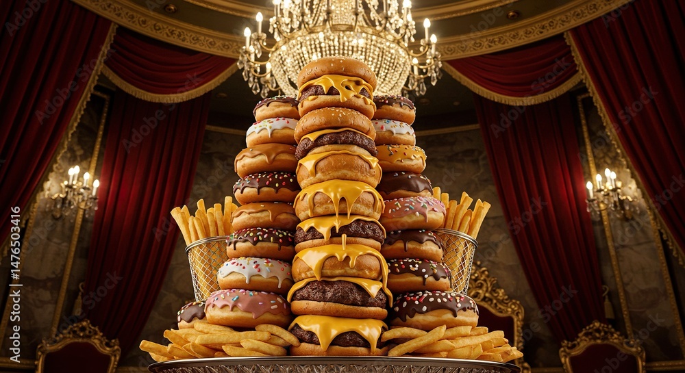 Fototapeta premium Extravagant junk food pyramid of donuts, burgers and fries in ornate setting