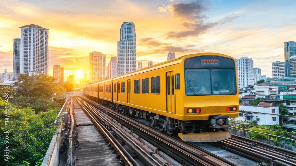 Naklejka premium Yellow Train on Elevated Tracks at Sunset Cityscapes