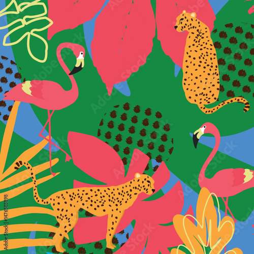 Tropical jungle pattern with cheetahs and flamingos in bold flat style