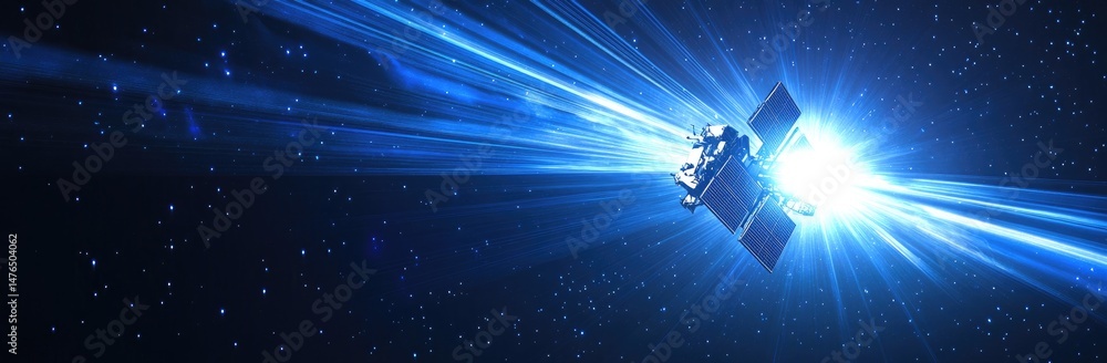 Naklejka premium A futuristic satellite or spacecraft gliding through the vastness of space. surrounded by shimmering stars and cosmic rays. symbolizing advanced technology and exploration