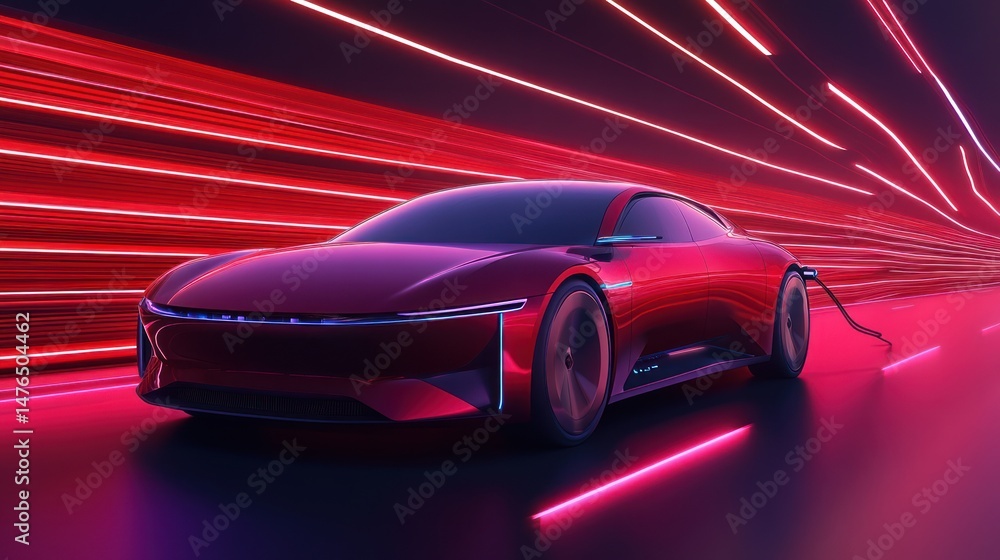 Naklejka premium Elegant Red Electric Car Charging in Futuristic Neon Lit Environment