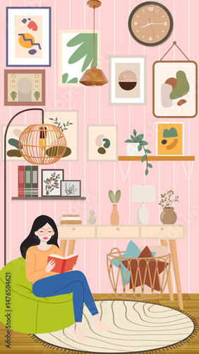 Illustration of a woman reading a book in the living room.