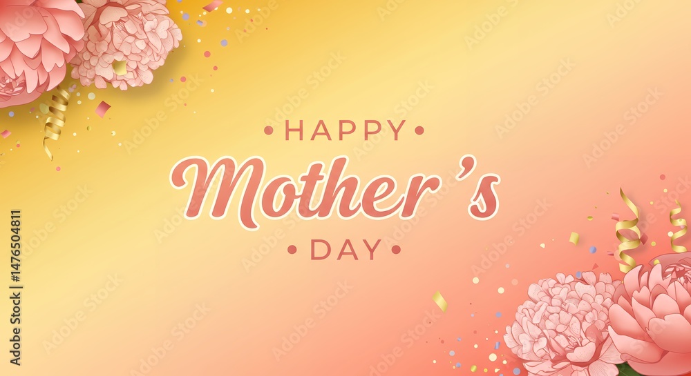 Naklejka premium Happy Mothers Day floral banner with flowers ribbons and confetti