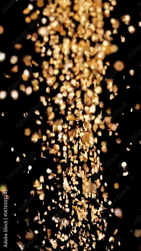 Cascading gold particles dance in dark abstract magic light display Cascading gold particles dance in dark abstract magic light display