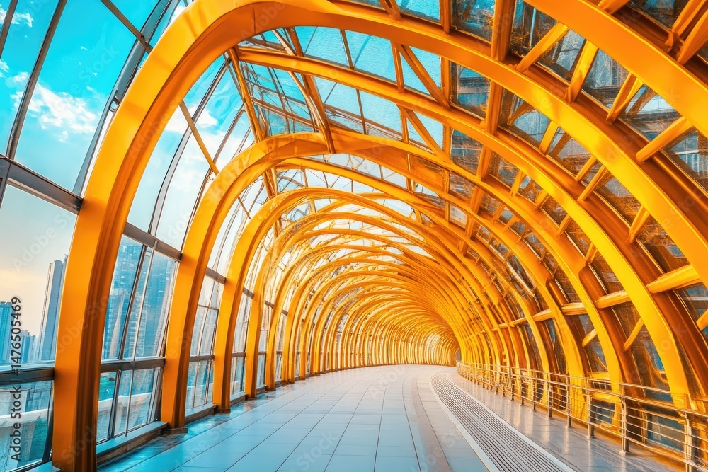 Urban walkway with vibrant yellow arches Urban walkway with vibrant yellow arches