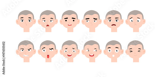 Set of kawaii boy cartoon face different expression collection. boy expression, emoticon, emoji, avatar