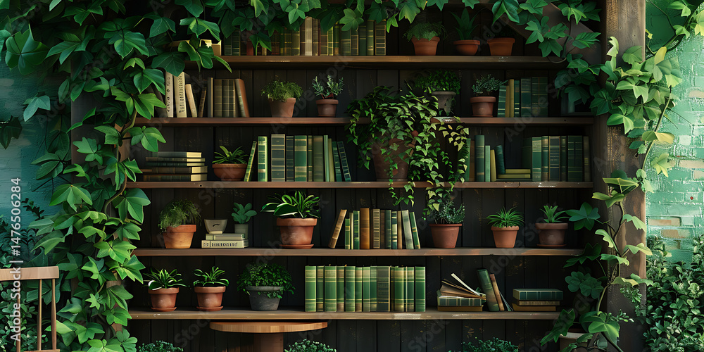 Wooden Bookshelf Filled with Books and Potted Plants Against Rustic Wall Wooden Bookshelf Filled with Books and Potted Plants Against Rustic Wall