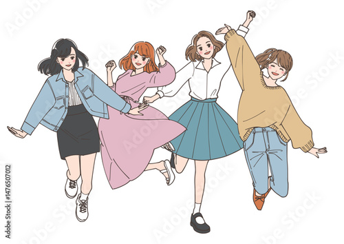 ジャンプしている若い女性たちのイラスト