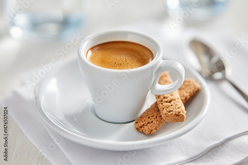 A white cup of espresso on a saucer with biscotti biscuits, next to a spoon, on a light table setting.