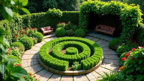 Serene Spiral Garden Design Featuring Lush Greenery, Stone Pathways, and Tranquil Seating Areas