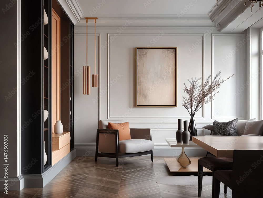 Fototapeta premium Aesthetic beautiful elegant modern luxury interior design. Clear mock up empty wall for decoration in the apartment, painting frame. Copy space in the room.