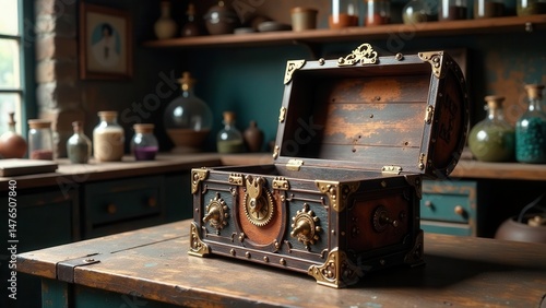 An antique wooden chest with ornate brass details sits open on a rustic wooden table, amidst a dimly lit apothecary setting, hinting at secrets and forgotten lore