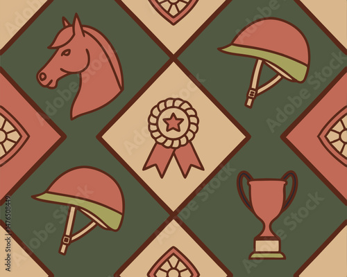 Vintage Equestrian Pattern with Horse, Trophy, Helmet, and Ribbon Icons