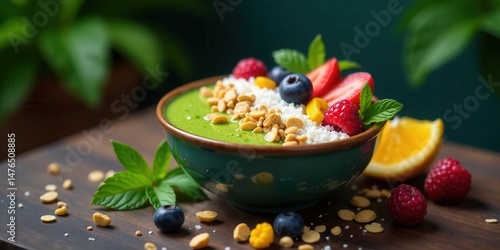 A vibrant green smoothie bowl adorned with assorted berries, crunchy granola, and shredded coconut, a healthy and delicious breakfast option