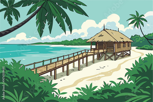 32 overwater bungalow resort, tropical island, crystal clear turquoise water, white sand beach, blue sky with fluffy clouds, lush green palm trees, panoramic landscape, scenic view, photorealistic, hi