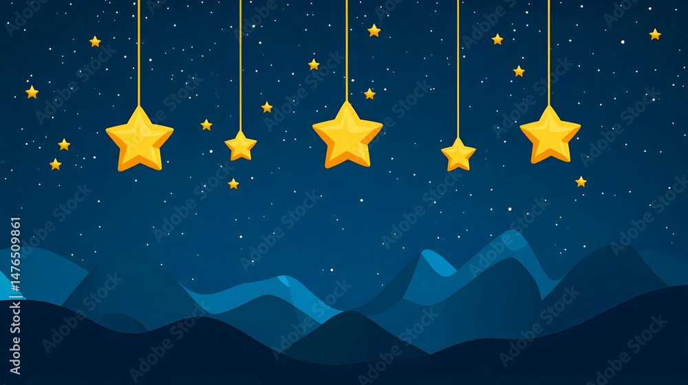 Fototapeta premium Whimsical Starry Night with Hanging Stars and Mountain Silhouette