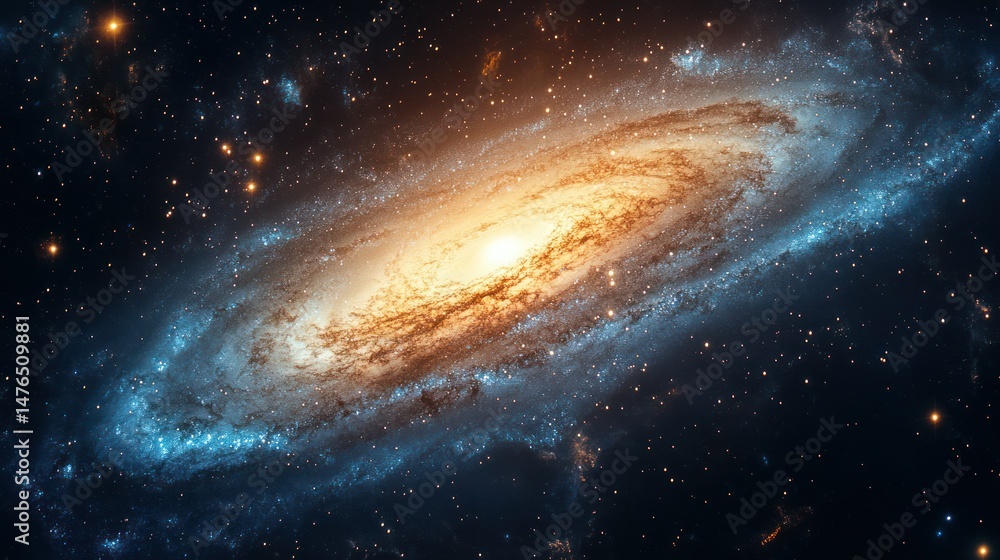 Naklejka premium Stunning high-resolution image of a distant spiral galaxy in deep space with bright core and curved arms featu stars and cosmic dust in vibrant colors