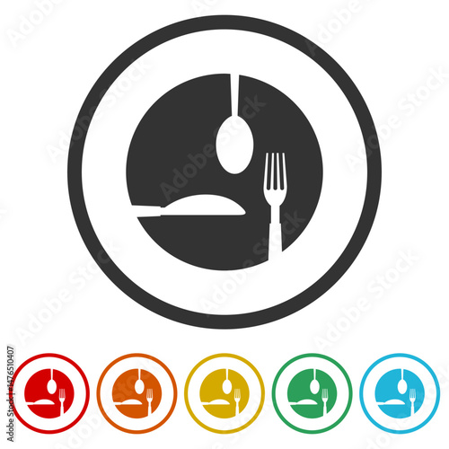 Food logo icon. Set icons in color circle buttons