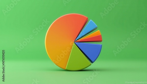 A colorful 3D pie chart with multiple segments is displayed against a green background.