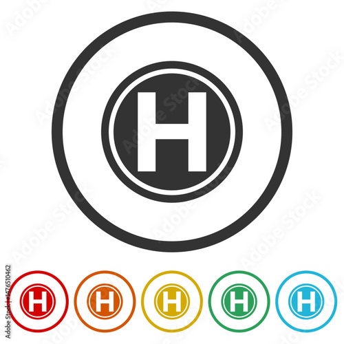 Helicopter landing pad icon. Set icons in color circle buttons