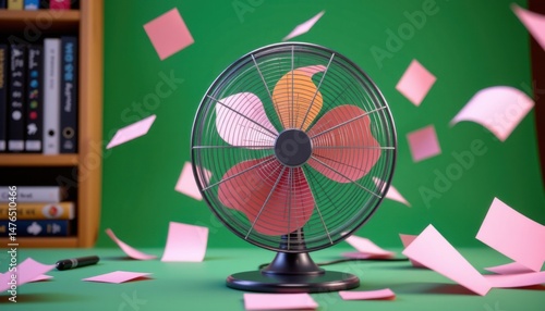 A desk fan blows pink papers around a room with a green background and bookshelf.
