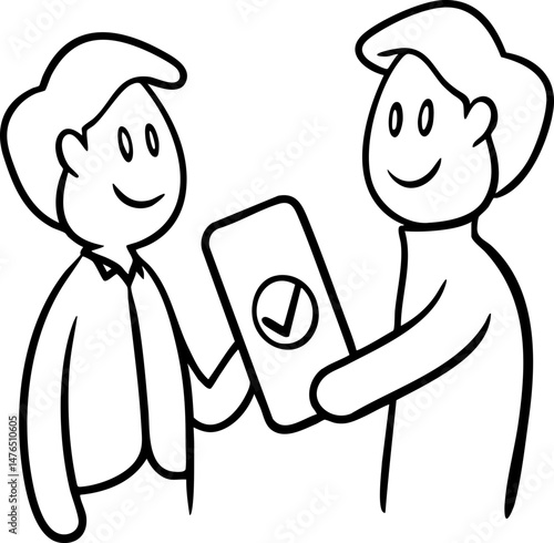 Two people smiling as one hands a phone with a checkmark on the screen to the other.