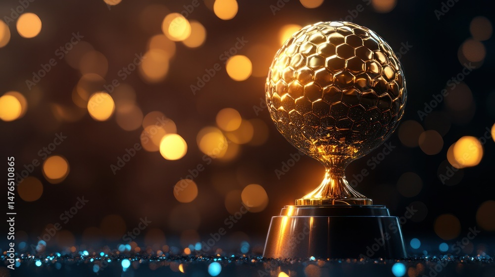 Fototapeta premium Elegant gold golf trophy with textured spherical ball and pedestal on a dark background illuminated by golden bokeh lights for sports award ceremony celebration