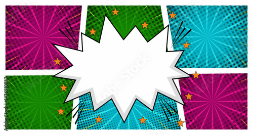 Comic Book Explosion with Pop Art Style, Halftone Dots, Speech Bubbles, and Dynamic Action Bursts with Vibrant Comic Page Frames and blank Conversation Panels