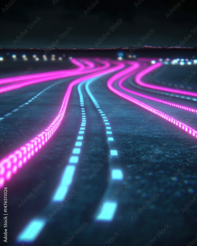 Fototapeta premium Neon road at night with pink and blue lights leading to city skyline perspective view