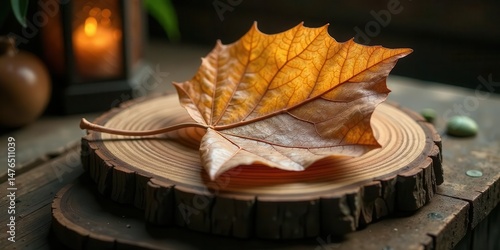 A single, dried autumn leaf rests gently on a rustic wooden slice, illuminated by soft candlelight, evoking a sense of tranquility and the passage of time.