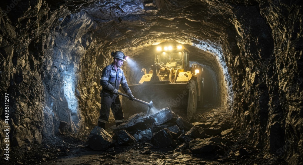 Fototapeta premium Miner Working with Rocks in Dark Mine Tunnel