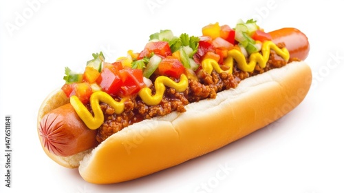 A hot dog topped with chili, mustard, onions, and parsley on a white plate.