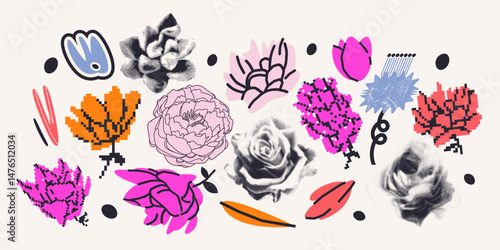 Set of different flowers. Vector illustration, print, design elements. Vintage halftone, mixed media, pixel art