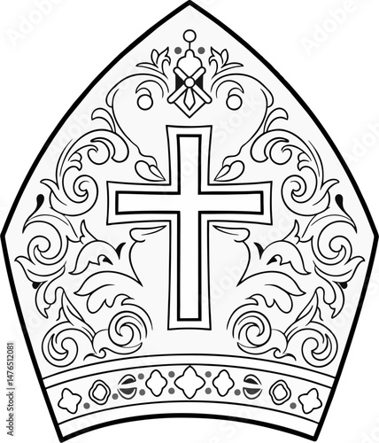 Intricate Line Art of Papal Mitre with Cross and Baroque Floral Pattern – Black and White Religious Vector Illustration