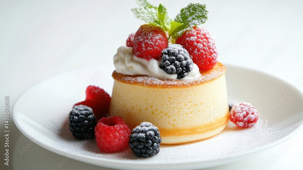A souffle pancake topped with whipped cream and mixed berries in a white bowl. A souffle pancake topped with whipped cream and mixed berries in a white bowl.