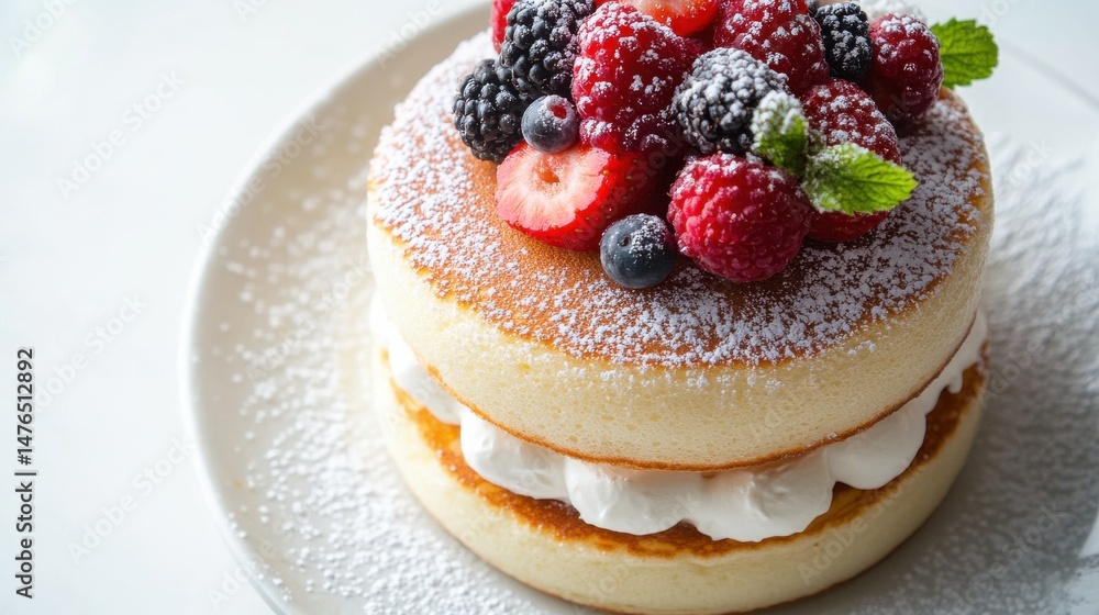 A souffle pancake topped with whipped cream and mixed berries in a white bowl. A souffle pancake topped with whipped cream and mixed berries in a white bowl.