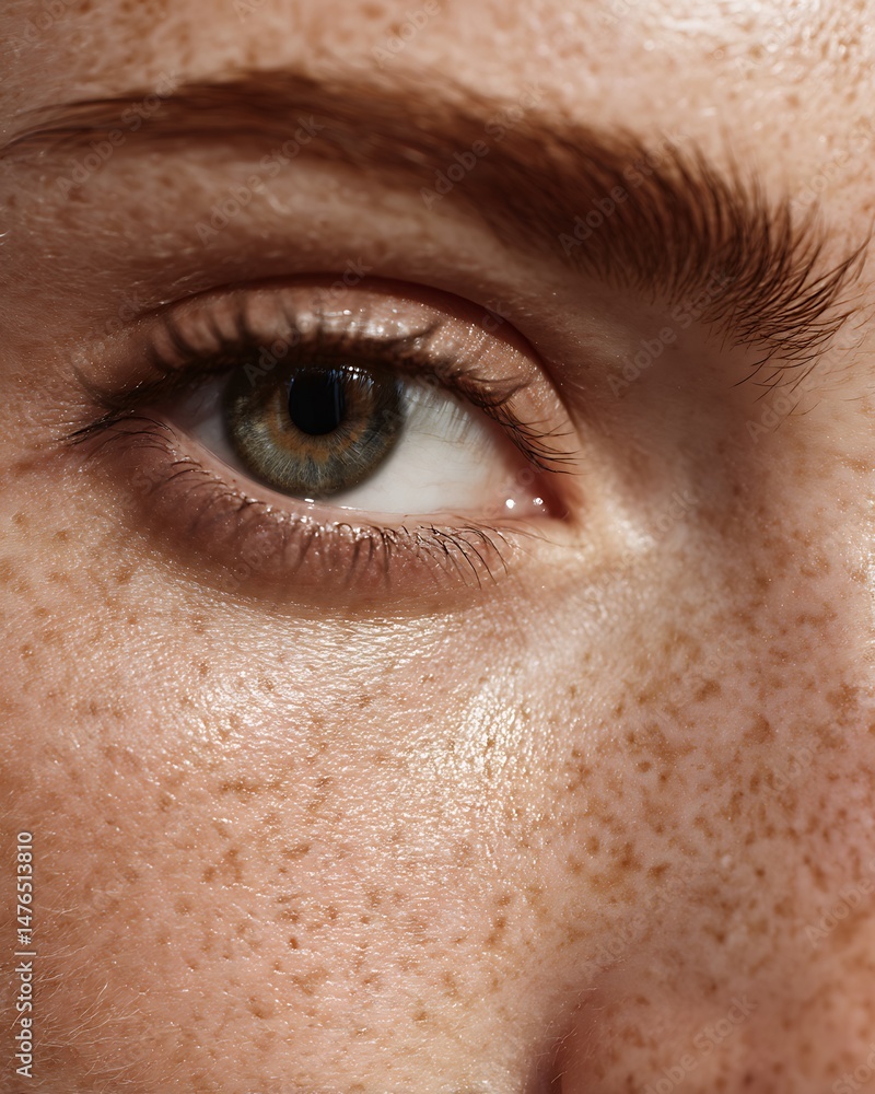 Obraz premium Close-up of natural eyebrows without makeup, showcasing healthy skin and minimal beauty on white background.
