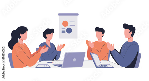 Team applauding during presentation at a meeting table with laptops  