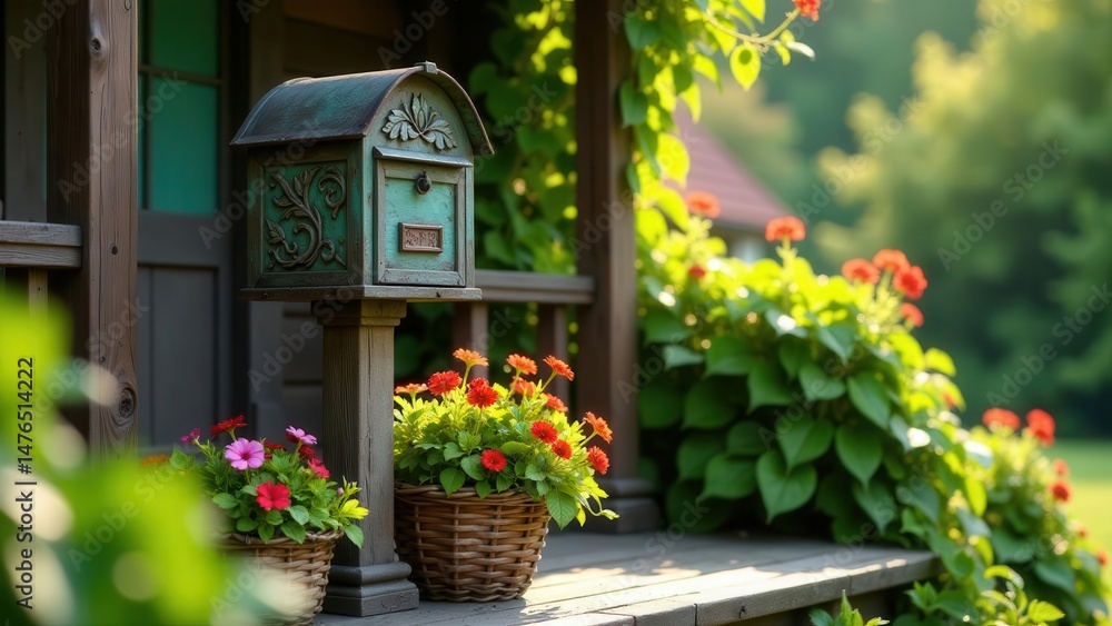 Fototapeta premium Rustic porch scene featuring an antique mailbox, vibrant flower pots, and lush greenery creating a charming summer ambiance